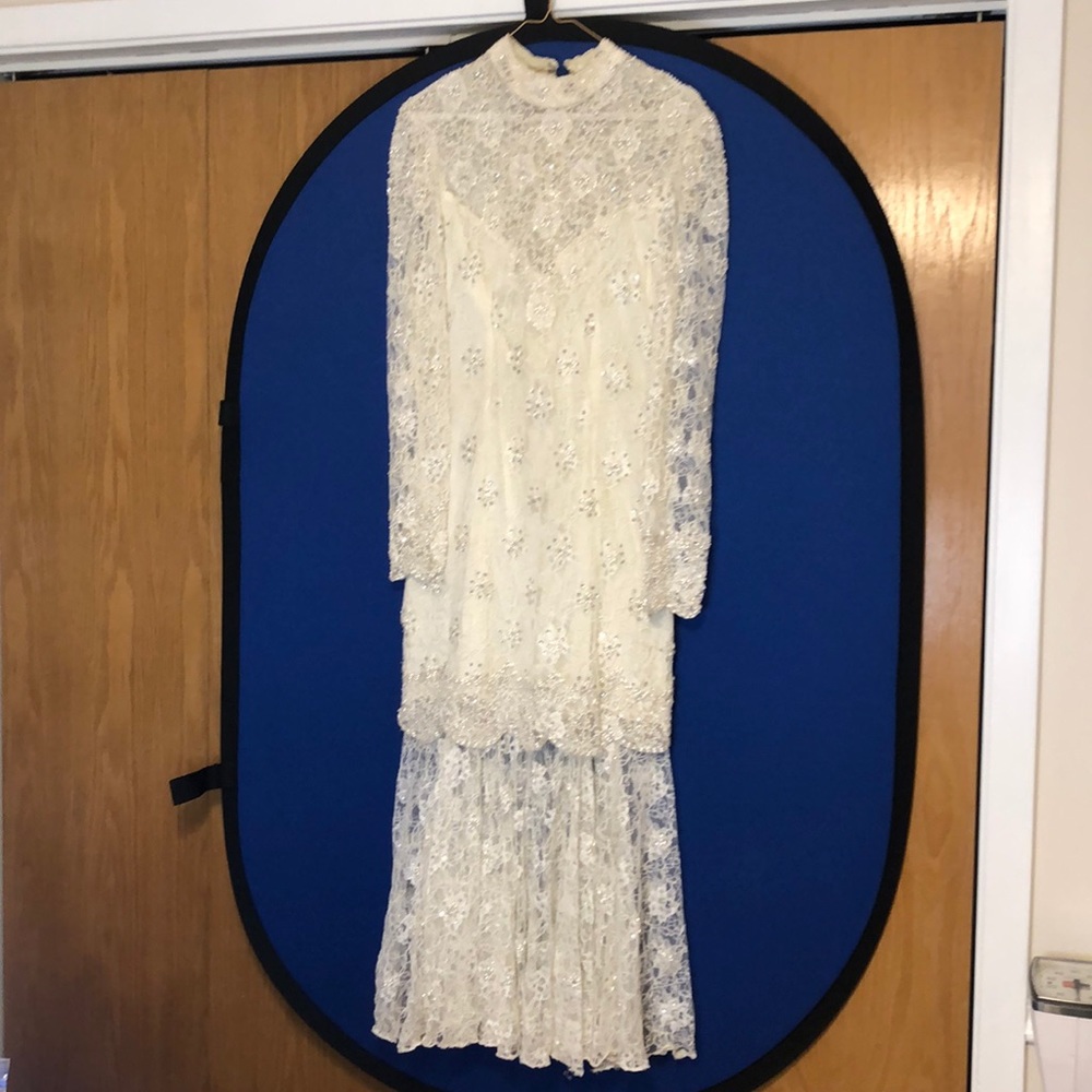 Long cream colored formal dress w/pearls/sequins